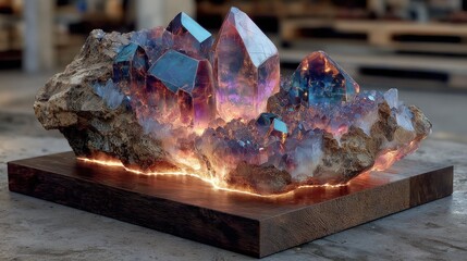 A Stunning Lit Crystal Formation on Wooden Base Showcasing Natural Beauty and Light