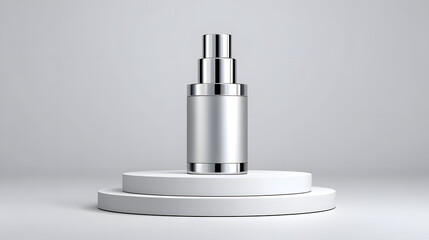 Silver metal cylinder dispenser pump bottle container cosmetic skincare moisturizer serum perfume fragrance minimal modern clean glossy reflective chrome stainless mockup studio pedestal podium