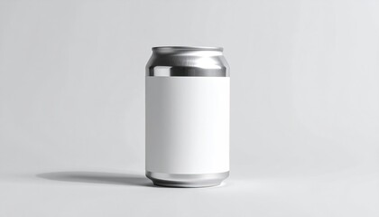 A sleek aluminum beverage can with a blank white label, ideal for showcasing product branding designs as a mockup on a clean, isolated background