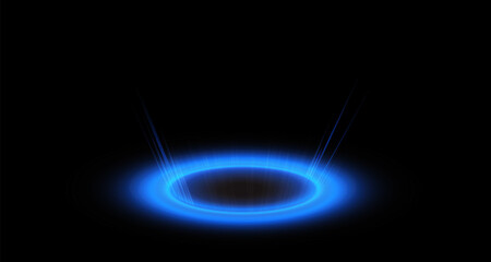 Circular portals, teleport, hologram gadget. Futuristic teleport. Projector HUD or podium for magic circle teleportation. Set of circle holograms.Empty podium light effect.