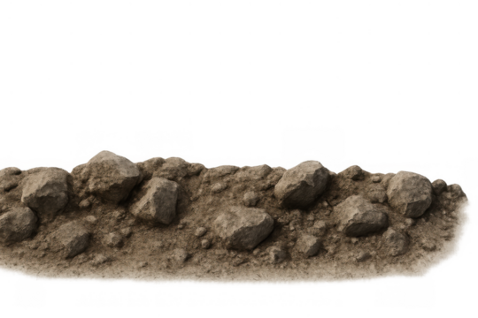 Rough patch of ground with dirt, soil, and various sized rocks and pebbles, featuring a transparent background