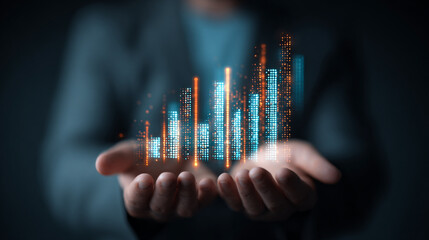 Business person holding a glowing digital financial graph in hands