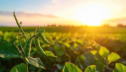 Fototapeta premium Vibrant Soybean Field at Sunset: Agricultural Scene, Golden Hour, and Natural Beauty