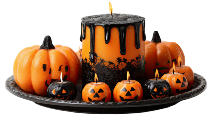 Halloween pumpkin candles glowing on tray with black wax drip festive spooky decor for autumn celebration night isolated on white background