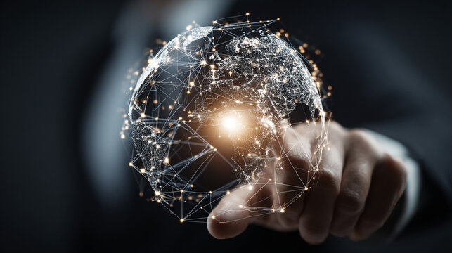 Businessman touching a glowing digital network globe with his finger