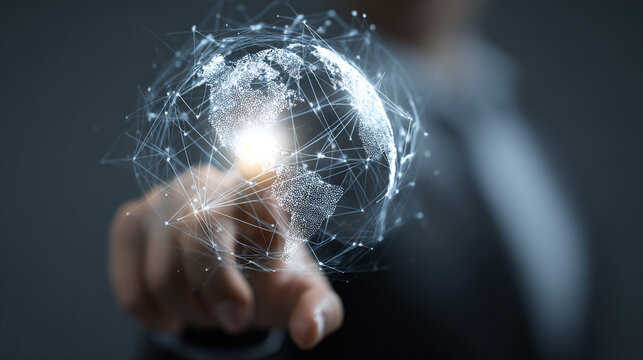 Businessman touching a glowing digital globe with network connections