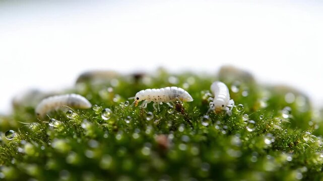 Woodlice on Moss with Water Droplets - A Macro View of Natures Tiny World.