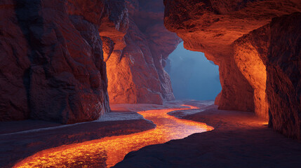 A glowing lava river flows through a dark, rocky cave with an opening ahead