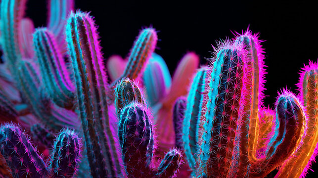 Closeup of cacti illuminated with vibrant neon pink and blue lights - Powered by Adobe