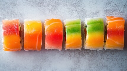 Vibrant Rainbow Sushi Rolls Arranged Artfully on a Textured Gray Surface