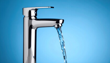 A close-up shot of clean, fresh water flowing from a modern chrome faucet against a vibrant blue background, representing purity and hydration