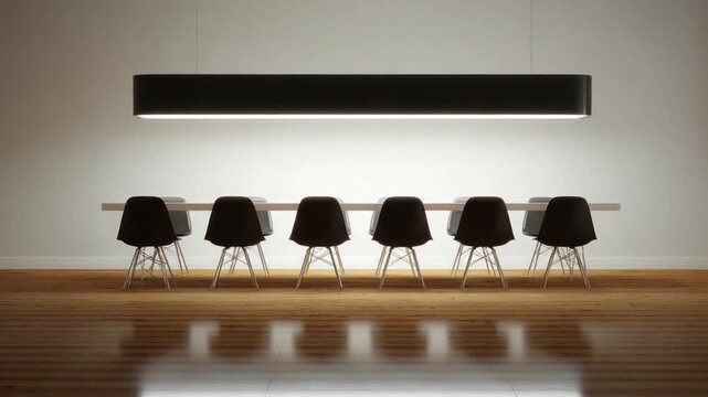 A minimalist dining room with a long black light fixture above a white table with black chairs