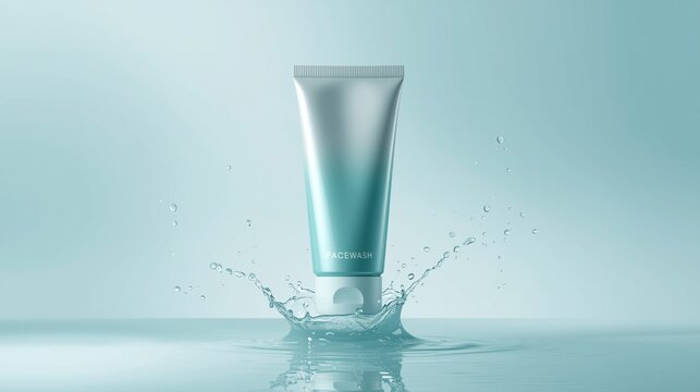 Facewash tube standing in clear water with dynamic splashes on a refreshing light blue background, representing skincare and beauty products.