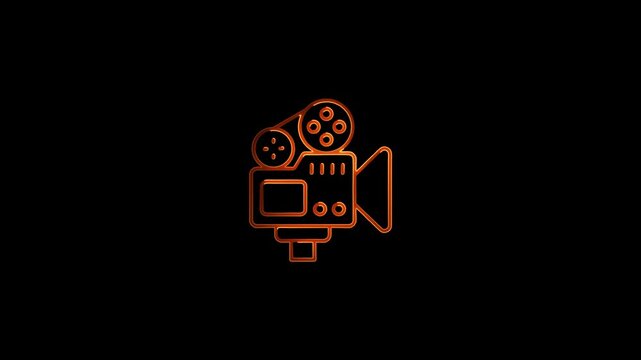 Orange glowing outline of a vintage film camera with reels and lens on a black background movie cinema
