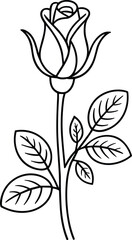 Black line art rose with leaves on white background
