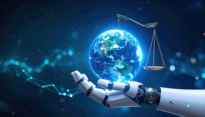Fototapeta premium Robot hand holding globe with justice scale represents future of ethical ai development serious concept for global law and technology innovation