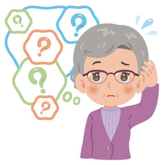 物忘れに悩むシニア女性　上半身イラスト／Senior Woman Forgetting Things　upper body illustration