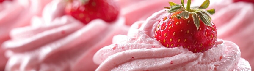 Vibrant Red Strawberry Crowned on Swirling Pink Whipped Dessert, Close-up of Sweet Indulgence