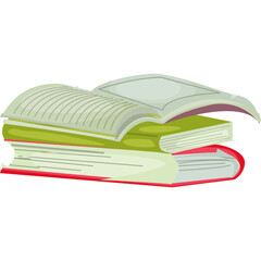 Stack of Three Books One Open With Cream Colored Pages and Green Cover and White Pages With Red Trim on a Transparent Background