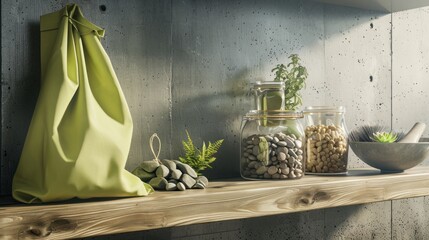 Minimalist Natural Decor with Green Bag and Glass Jars on Wooden Shelf in Modern Kitchen