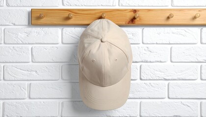 A single light-colored baseball cap hangs on a wooden hook mounted on a white brick wall, a simple accessory for everyday wear