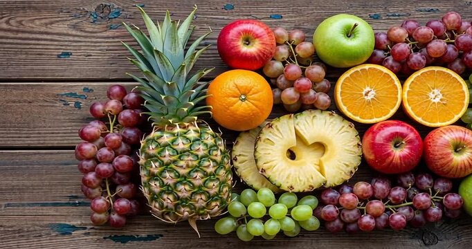 Colorful assortment of fresh fruits including pineapple, apples, oranges, and grapes on wooden table