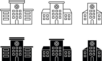 Hospital and building icon set. Hospital and healthcare line art, silhouette. Icon symbol of hospital building, healthcare, clinic.