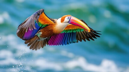 Vibrant Toucan in Mid-Flight, Wings Spread Wide Over Turquoise Waters