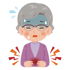 腹痛で苦しむシニア女性　上半身イラスト／Senior Woman suffering from abdominal pain　upper body illustration