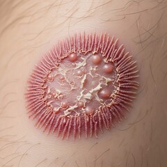 Detailed illustration of a skin lesion with a raised, irregular border and fluid-filled vesicles, depicting a dermatological condition.