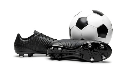 Black soccer cleats with a visible studded soleplate are posed next to a classic black and white football in a studio shot.