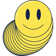 Stacked Yellow Smiley Face Graphic Design With Navy Blue Outline And Eyes White Background