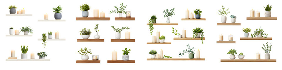 Shelves with Plants and Candles Collection on White Background