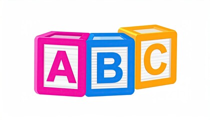 Pink, blue, and yellow ABC toy blocks on a white background
