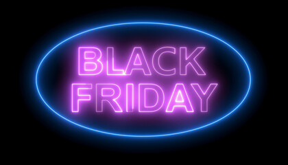 Obraz premium Black friday text in neon pink and blue oval frame against a black background, isolated on white background