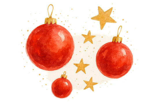 Christmas red baubles and golden stars creating festive watercolor holiday decoration on transparent background