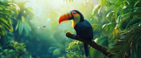 Vibrant Toucan Perched on Mossy Branch in Lush Jungle, Bird in Flight