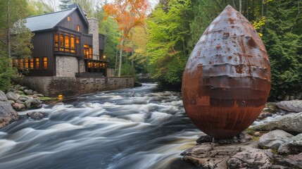Modern Cabin House with Warm Lighting by Flowing River Surrounded by Green Trees and Large Rusty Sculpture in Autumn