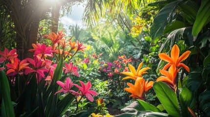 Vibrant Tropical Garden: Pink and Orange Flowers in Lush Greenery, Sunlit Paradise