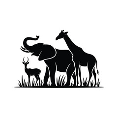 Fototapeta premium Elephant giraffe antelope silhouette savanna scene vector