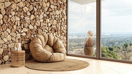 Modern Interior Lounge with Stone Wall and Floor to Ceiling Windows Overlooking Cityscape