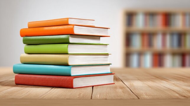 A stack of colorful books on a wooden table in a library. - Powered by Adobe