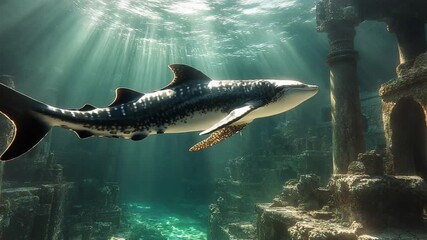 Shark swimming through ancient underwater ruins