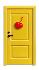 Vibrant Yellow Door with a Large, Shiny Red Cherry Decoration, Playful and Modern Interior Design