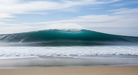 Dramatic ocean wave cresting, breaking, and rolling toward shore on a sandy beach under a blue sky
