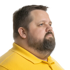 Photorealistic Portrait of an Overweight Man in a Yellow Polo Shirt, Isolated on White Background 
