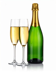 A green champagne bottle with gold foil top and two crystal glasses filled with spark