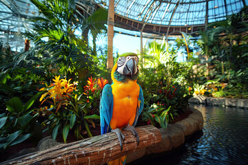 Obraz premium Inside the zoo dome, A vibrant parrot perches on a branch amidst lush tropical plants and colorful flowers in a sunlit indoor garden.