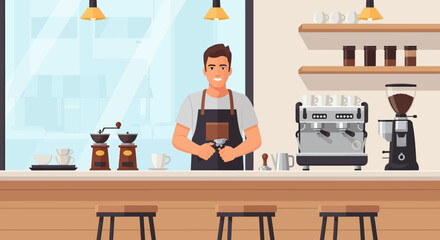 Fototapeta premium A friendly male barista in an apron stands behind the counter of a modern coffee shop, preparing to make fresh espresso with professional equipment