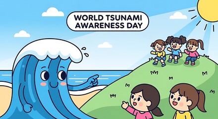 Illustrated concept of teaching children about tsunami awareness, featuring a large, friendly wave character approaching the shore
